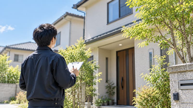 スタッフが住宅の外観を見上げ、チェックシートに記録している様子