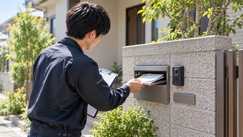 スタッフが門柱の郵便受けから郵便物を取り出して確認している様子