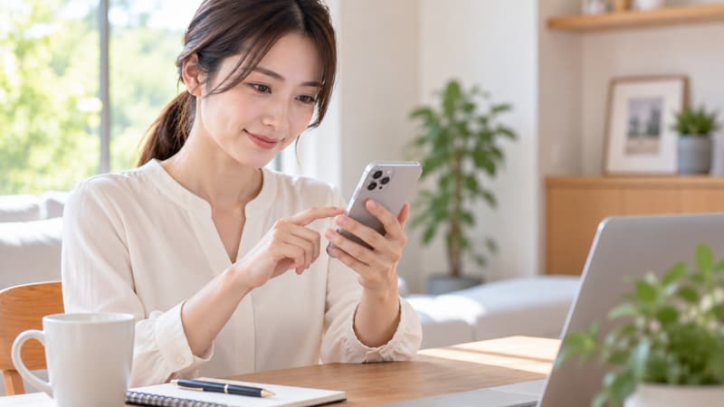 女性が自宅でスマートフォンを見て、巡回報告を確認している様子