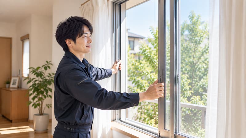 スタッフが室内の窓を開けて換気している様子