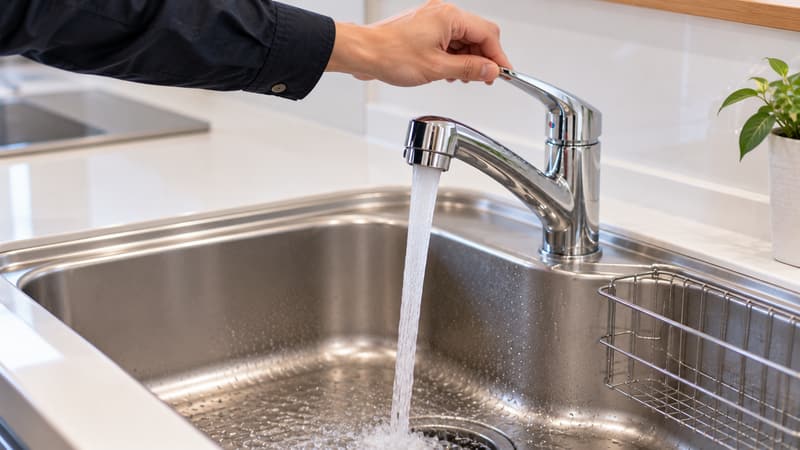 キッチンの蛇口から水を流し、排水口の封水を保つための通水をしている手元