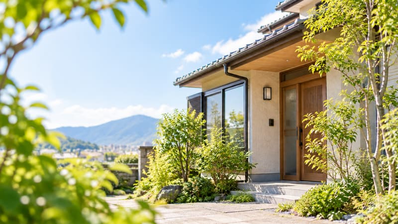 木々に囲まれた、日差しの明るい戸建住宅の玄関まわり